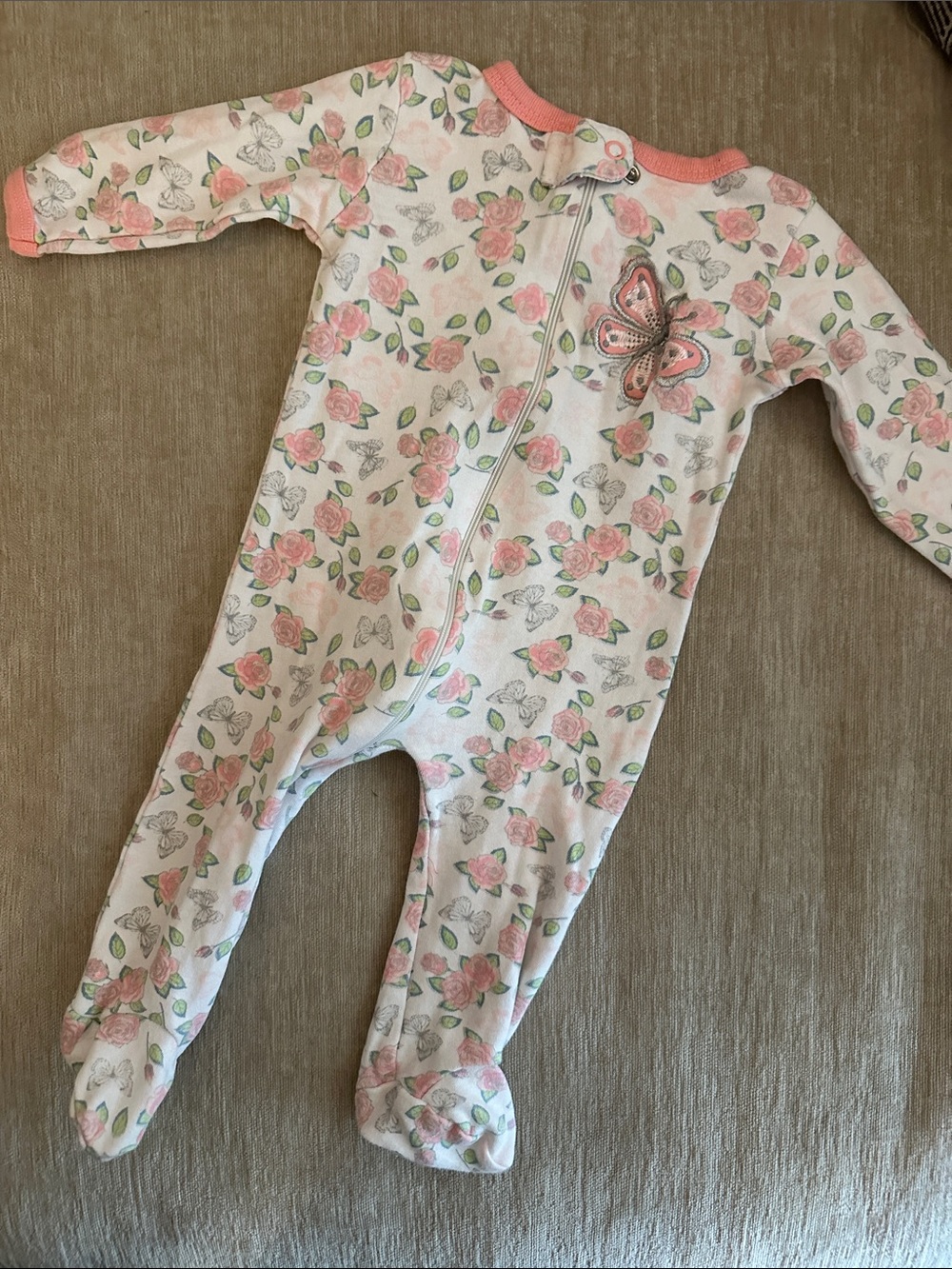 Girls' Pink Rose Print Footed One-Piece Pajama with Butterfly Accent